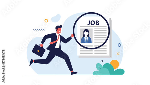 Motivated businessman in a suit running towards a large magnifying glass focusing on a job vacancy advertisement.