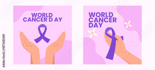 World Cancer Day Social Media Bundle Template with Purple Ribbon Awareness Illustrations