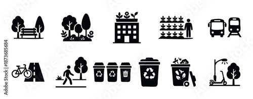 Modern black silhouette icons illustrating urban sustainability, ecofriendly city living, green spaces, public transport, and waste management for environmental awareness concepts.