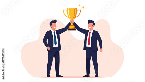 Two successful businessmen in suits holding a golden trophy together celebrating a team victory and achievement.