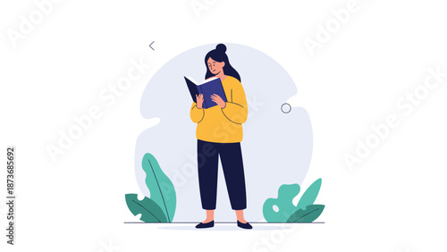 Quiet young woman standing and reading a blue book in a peaceful setting with soft colors and stylized plant decorations.