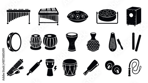 A comprehensive graphic collection of diverse percussion musical instruments including drums, xylophones, shakers, and cymbals, ideal for music education or rhythmthemed multimedia projects.