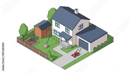 Isometric view of a cozy white suburban house with a dark roof, garden, wooden shed, vegetable patch, and a lawn mower on the driveway.