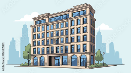 Classical multi-story building with large windows and arched entrances standing on a city street corner with trees and street lamps nearby.