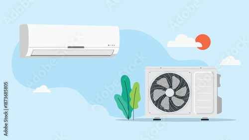 Indoor and outdoor air conditioning units displayed on a blue cloud background with a bright red sun showing cooling technology.