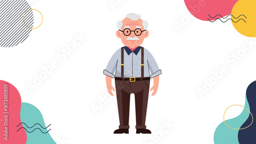 Elderly man with white hair, glasses, and a mustache wearing a shirt and suspenders standing in front of a decorative colorful backdrop.