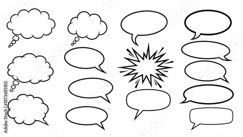 Set of empty speech and thought bubble outlines in different shapes including clouds, ovals, and rounded rectangles for text placement.