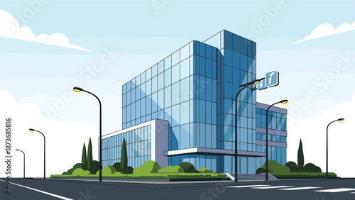 Modern glass office building with multiple stories and a large entrance at a city intersection with streetlights and green trees in daylight.