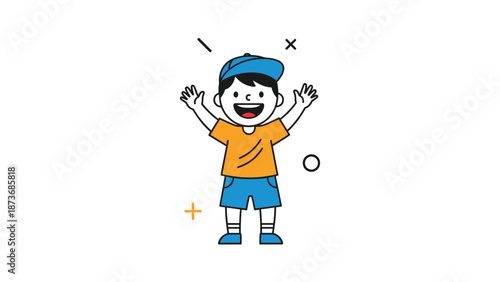 Happy cartoon boy with his arms raised in joy wearing a bright orange t-shirt, blue shorts, and a matching cap on a clean white background.