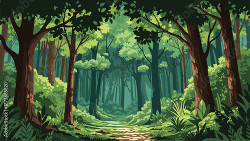 Beautiful green forest path surrounded by tall trees and lush vegetation depicted in a detailed pixel art style for gaming or nature themes.