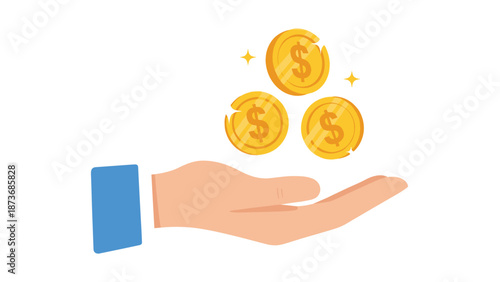 Hand reaching out for three floating gold coins with dollar signs and sparkles illustrating financial gain, success, and wealth concepts.