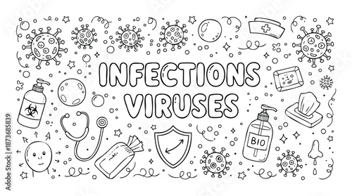 Outline drawing for coloring page activity featuring infections and viruses information with safety and hygiene items suitable for educational health campaigns