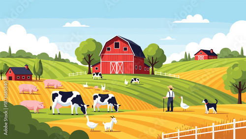 Peaceful farm landscape with a red barn, cows grazing, pigs, and rolling green and yellow hills under a bright blue sky with white clouds.