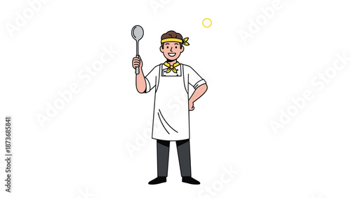 Smiling young male chef wearing a white uniform, apron, and a yellow headband holding a silver ladle while standing on white background.