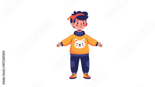 Cute little boy wearing a yellow sweater with a bear face, a red winter hat, and dark blue pants standing on a clean white background.
