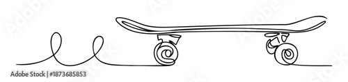 Minimalist continuous line drawing of a skateboard with looping wheels capturing dynamic movement perfect for urban lifestyle branding and extreme sports promotions