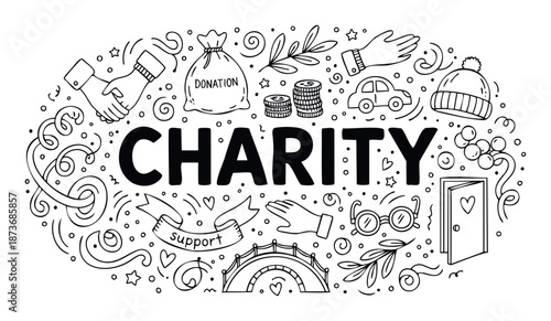 Monochrome sketchstyle artwork showcasing symbols of helping, giving, and community care, ideal for educational materials or philanthropic event promotion.