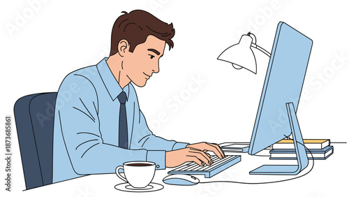 Young man in a blue shirt and tie working diligently on a desktop computer at his office desk with a cup of coffee and a lamp nearby.