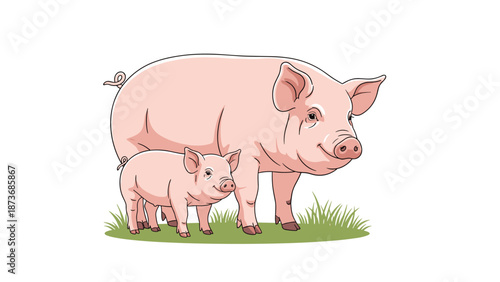 Large pink sow standing protectively next to her small cute piglet on a green grass patch against a plain white background for farm theme.