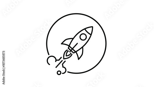 Minimalist black and white line art of a rocket ship launching upwards inside a circular frame symbolizing growth and startup success.