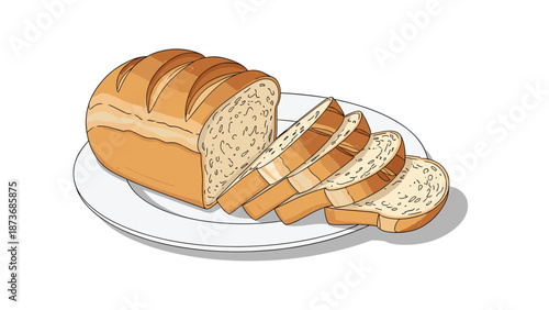 Whole loaf of freshly baked bread along with several thick slices served on a simple white plate on a white background for food themes.