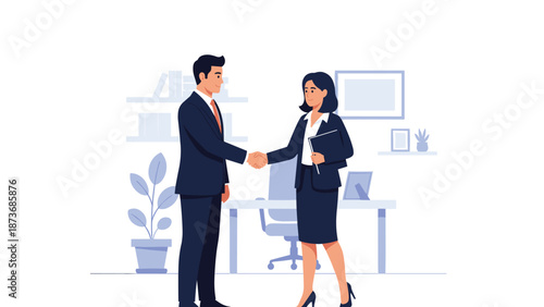 Business man and woman shaking hands in a bright modern office to close a successful deal or agreement with a blurred background.