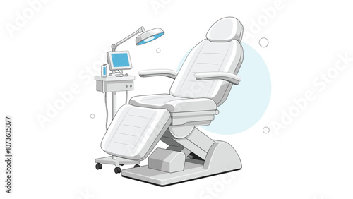Professional medical treatment chair with a monitor, light, and equipment stand in a clean and modern clinic or hospital setting.