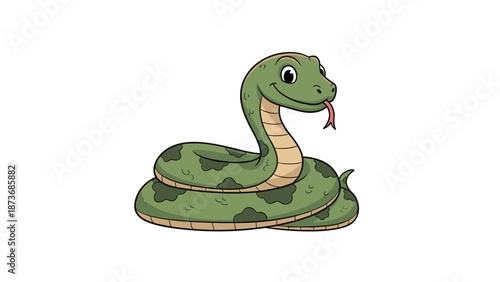 Friendly green cartoon snake with dark spots and a red tongue flicking out coiled in a cute and playful pose on a plain white background.