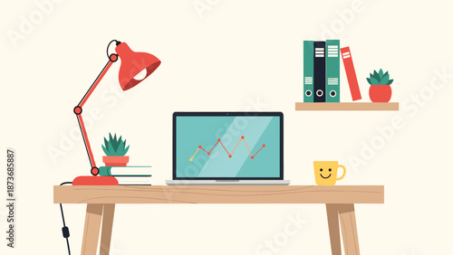 Cozy and organized home office desk with a laptop displaying a growth graph, books, a desk lamp, small plants, and a happy face coffee mug.