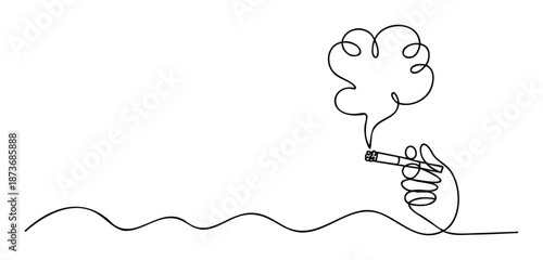 Minimalist continuous line drawing depicting a human hand holding a burning cigarette with stylized smoke rising, suitable for health awareness campaigns and modern graphic content
