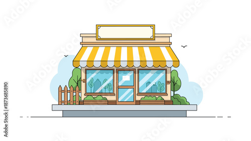 Charming shop or boutique storefront with a yellow and white striped awning, large glass windows, and a little fence on a white background.