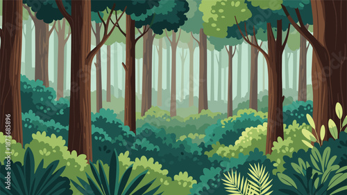 Detailed view of a dense forest interior with many brown tree trunks and lush green leafy bushes and shrubs under a soft atmospheric light.