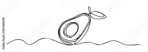 Minimalist continuous line drawing of a half avocado with a pit, resting on a wavy line, perfect for health, food, and wellness branding or packaging designs.