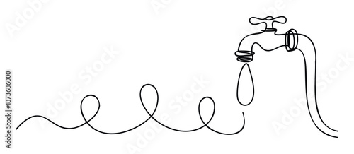 Continuous line drawing of a garden hose connected to an outdoor spigot with a single water drop, symbolizing water conservation and environmental concepts for educational materials or