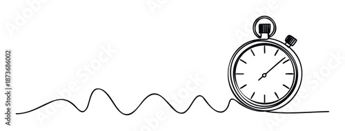 Continuous line drawing of a stopwatch with an undulating path symbolizing time progression, speed, and deadlines, perfect for business presentations and educational material.
