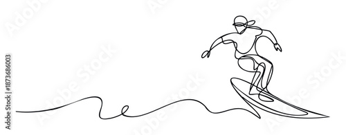 Energetic single continuous stroke artwork depicting a surf rider in action, suitable for sportsthemed publications, youth culture apparel, or summer event posters.
