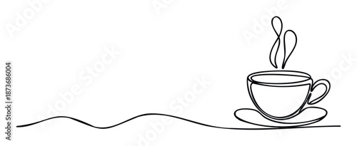 A minimalist continuous line drawing illustrating a steaming hot coffee cup on a saucer, perfect for caf menus, beverage packaging, and modern branding presentations.