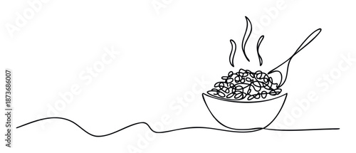Continuous line drawing of a steaming bowl of noodles or pasta with a spoon, perfect for culinary blogs, restaurant menus, food packaging, or minimalist kitchen decor.