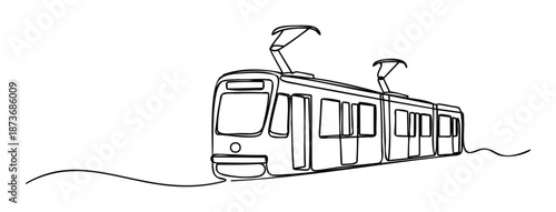 Minimalist continuous line drawing of a modern tram or streetcar perfect for showcasing urban public transportation, travel ideas, or city life themes in media and print applications