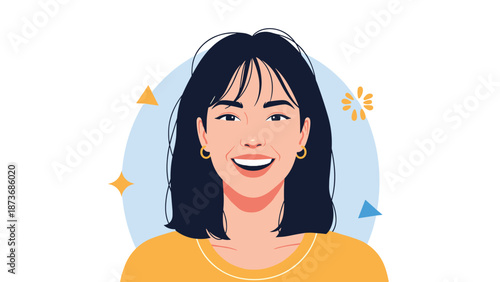 Close-up portrait of a happy smiling woman with dark hair and gold earrings against a light blue circular background with shapes.