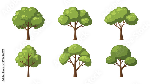 Set of six different green tree illustrations with brown trunks and various leafy canopy shapes for nature and landscape design projects.