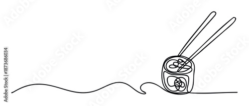 Abstract single line drawing depicting a delicious sushi meal complete with chopsticks, ideal for restaurant menus, food packaging, or Japanese cooking class flyers and promotional