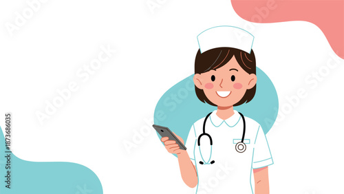 Friendly female nurse or medical professional in a white uniform and cap holding a smartphone and wearing a stethoscope for healthcare.