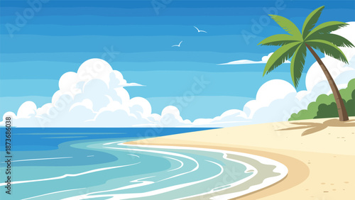 Idyllic tropical beach scene with white sand a leaning palm tree and gentle waves of blue ocean under a bright sunny sky with birds.