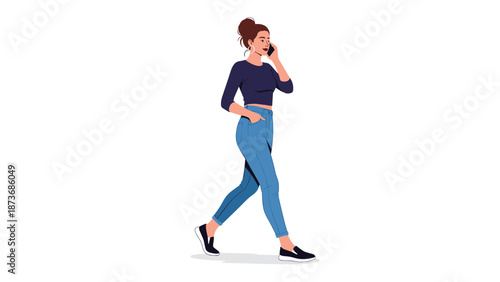 Stylish young woman walking while talking on her mobile phone wearing a navy blue crop top and high-waisted denim jeans on white background.