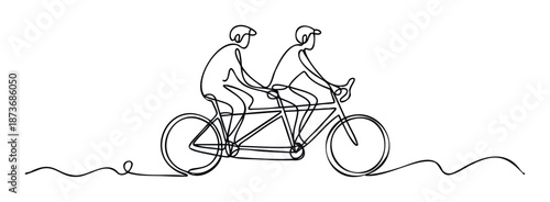 Continuous single line drawing depicting two people riding a tandem bicycle on a wavy path, symbolizing teamwork, shared journey, and active lifestyle for various branding projects.
