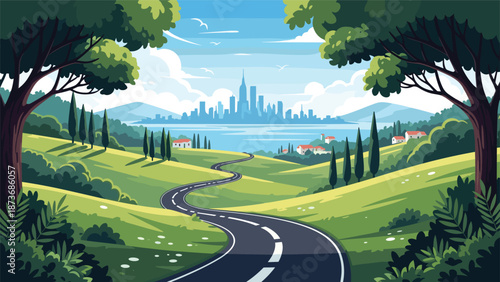 Winding road through rolling green hills with cypresses and small houses leading towards a distant city skyline under a soft blue sky.