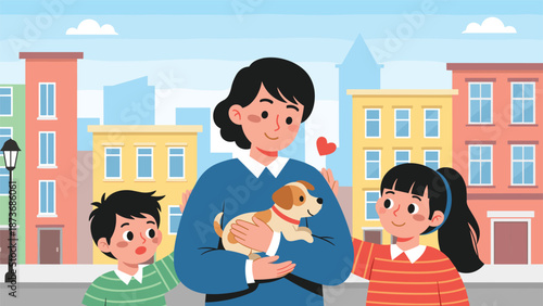 Kind woman holding a small puppy while two children look on with curiosity and affection against a city background with buildings.