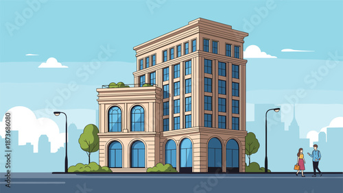 Modern classic architectural building with multiple stories and large arched windows located on a city street with people walking by.