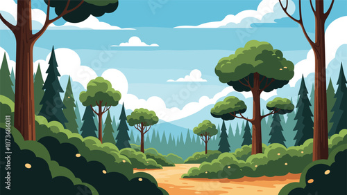Forest path winding through tall pine trees and lush green bushes under a blue sky with white clouds for nature and travel themes.